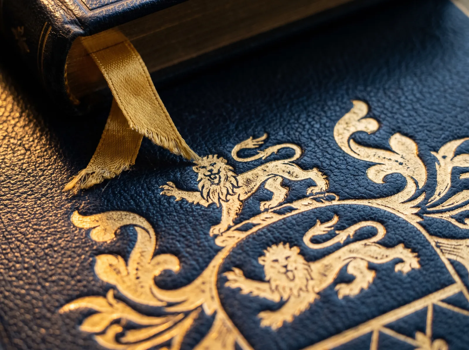 Gold heraldic crest detail on navy leather, evoking SCITS Online's heritage since 1921