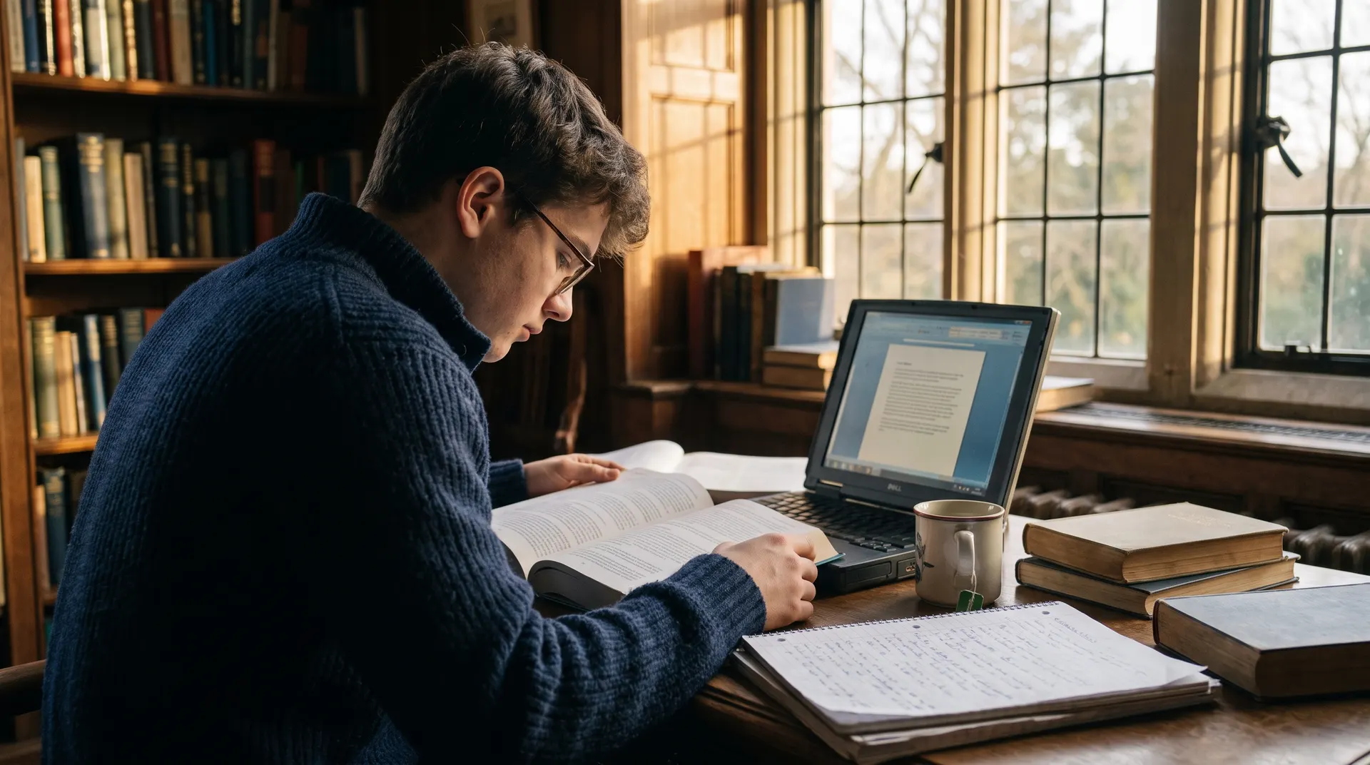A student studying online at a desk with a laptop, working through SCITS Online coursework